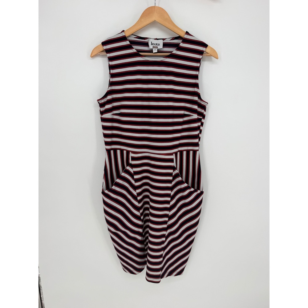 Leota Sheath Dress M Navy Red White Striped Pocket Textured Knit Preppy Nautical